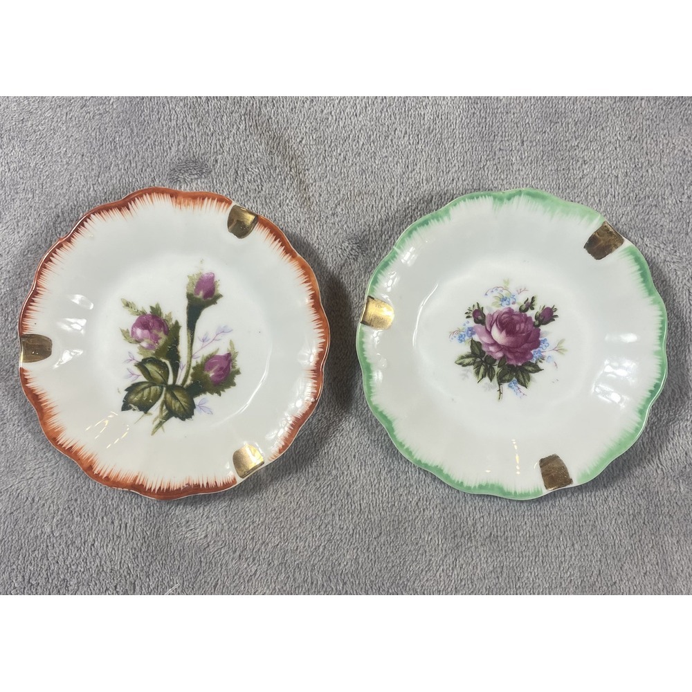 2 Vintage Porcelain Ashtrays Hand Painted Roses Victorian Ladies Gold Rim Japan